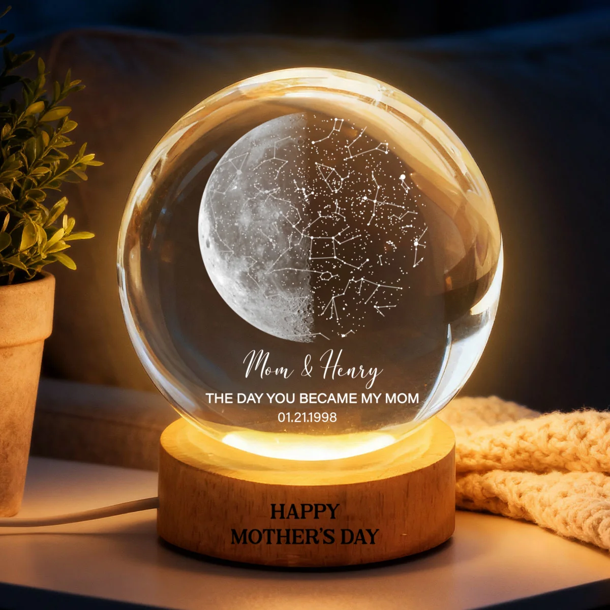 Custom Moon Phase & Star Map by Date Engraved Wooden Base - Personalized Crystal Ball LED Night Light - Heartfelt Gift for Mom - Image 11