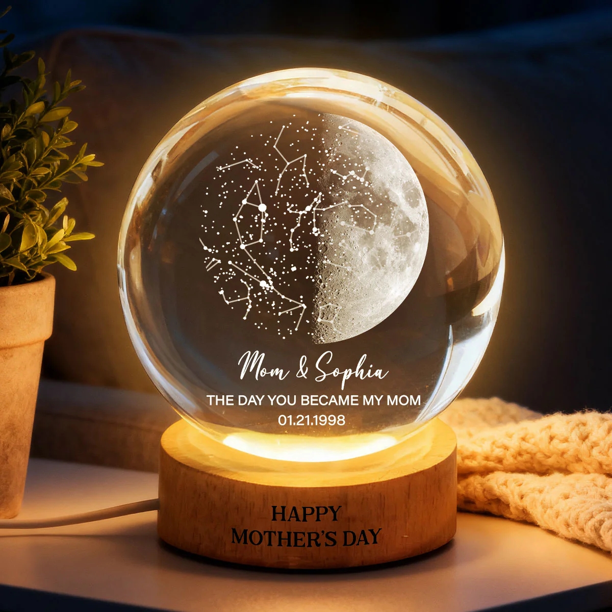 Custom Moon Phase & Star Map by Date Engraved Wooden Base - Personalized Crystal Ball LED Night Light - Heartfelt Gift for Mom - Image 2