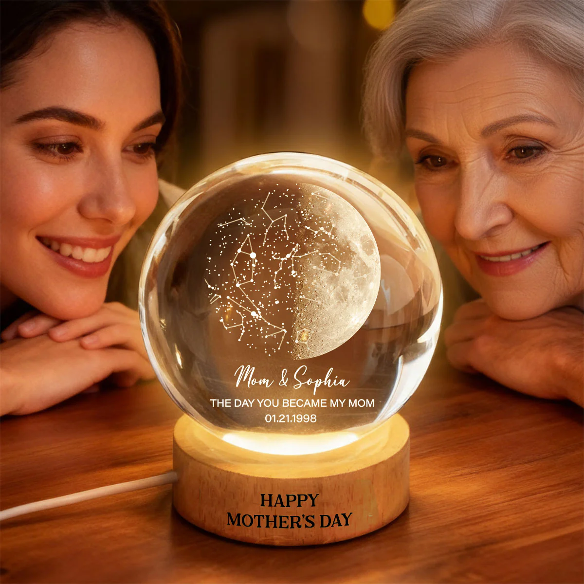 Custom Moon Phase & Star Map by Date Engraved Wooden Base - Personalized Crystal Ball LED Night Light - Heartfelt Gift for Mom - Image 3