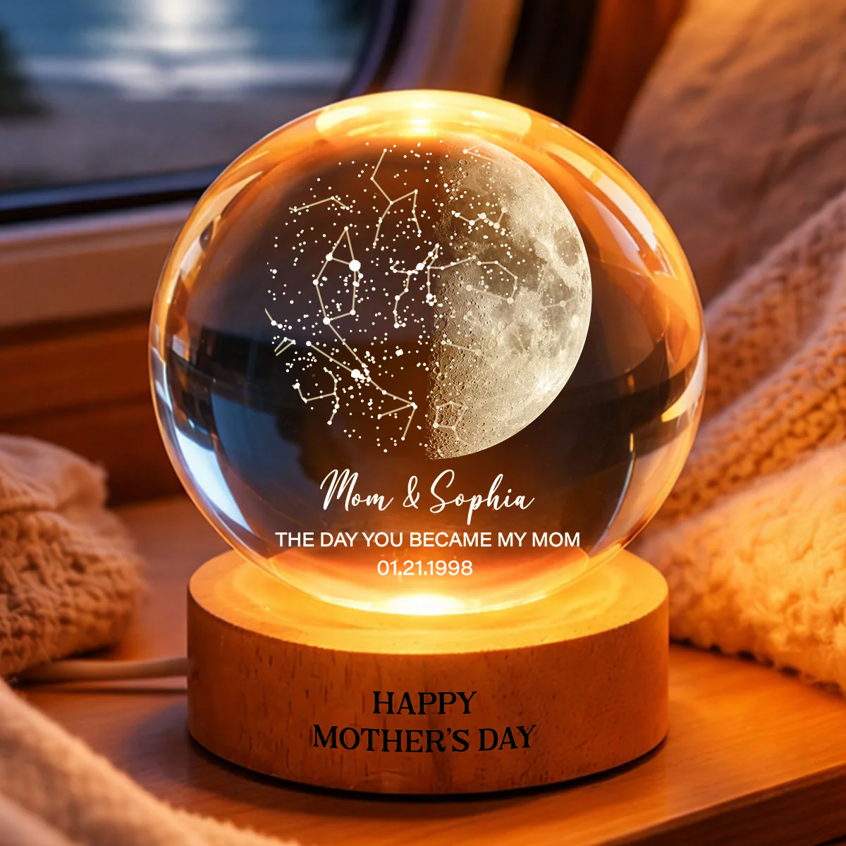 Custom Moon Phase & Star Map by Date Engraved Wooden Base - Personalized Crystal Ball LED Night Light - Heartfelt Gift for Mom - Image 4