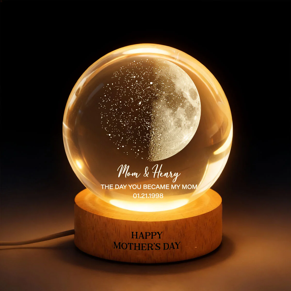 Custom Moon Phase & Star Map by Date Engraved Wooden Base - Personalized Crystal Ball LED Night Light - Heartfelt Gift for Mom - Image 5