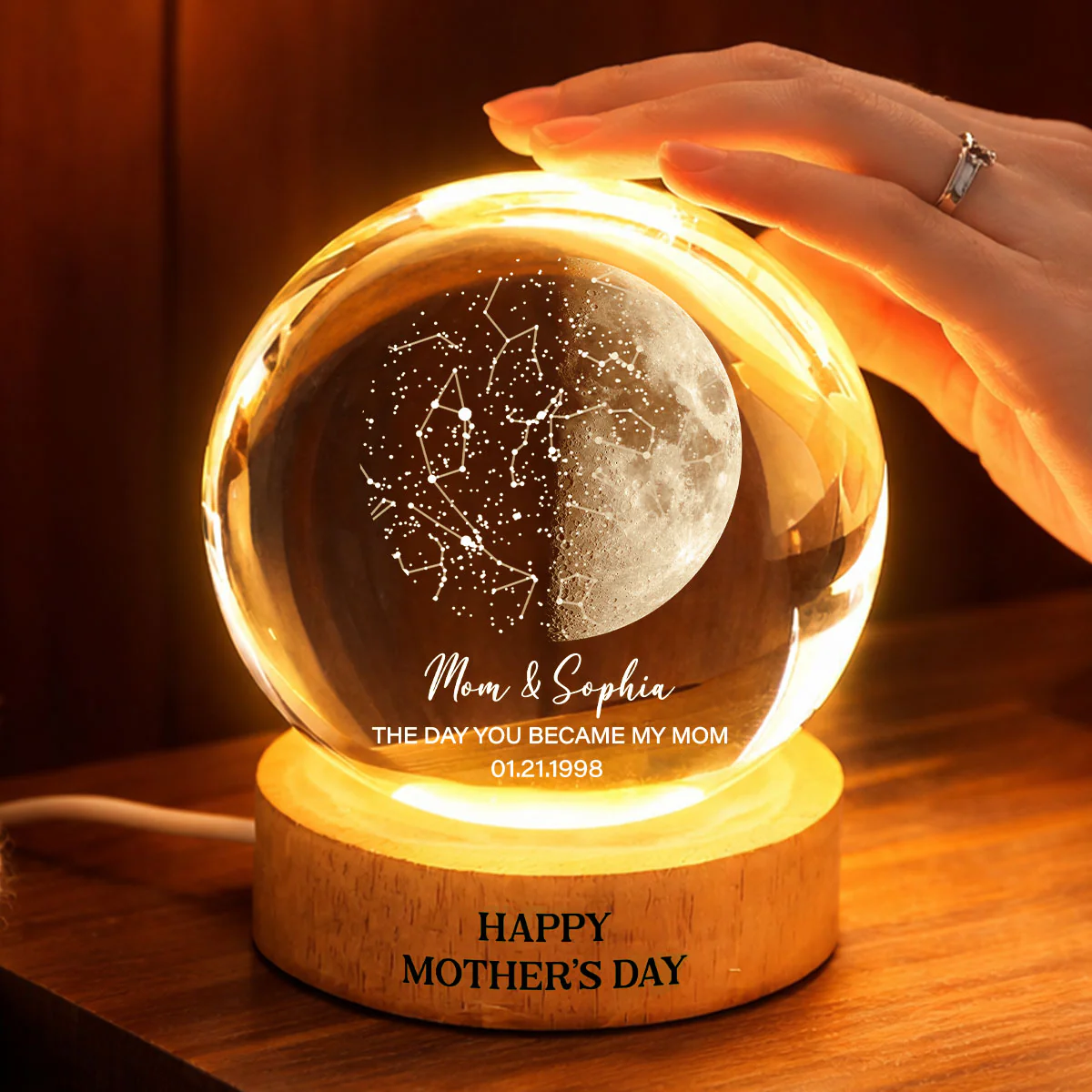 Custom Moon Phase & Star Map by Date Engraved Wooden Base - Personalized Crystal Ball LED Night Light - Heartfelt Gift for Mom - Image 6