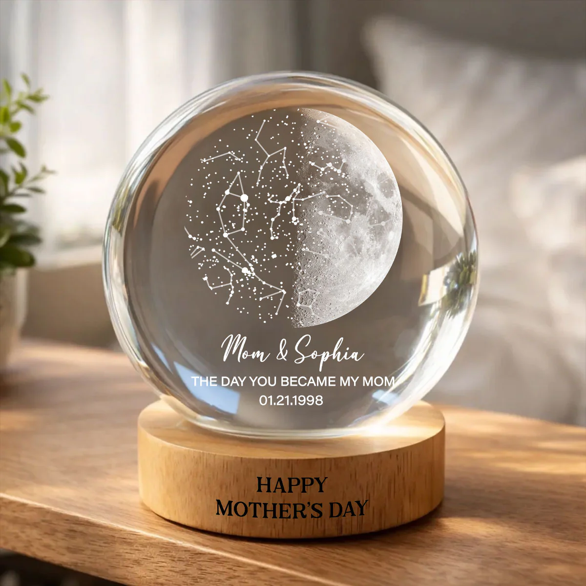 Custom Moon Phase & Star Map by Date Engraved Wooden Base - Personalized Crystal Ball LED Night Light - Heartfelt Gift for Mom - Image 7