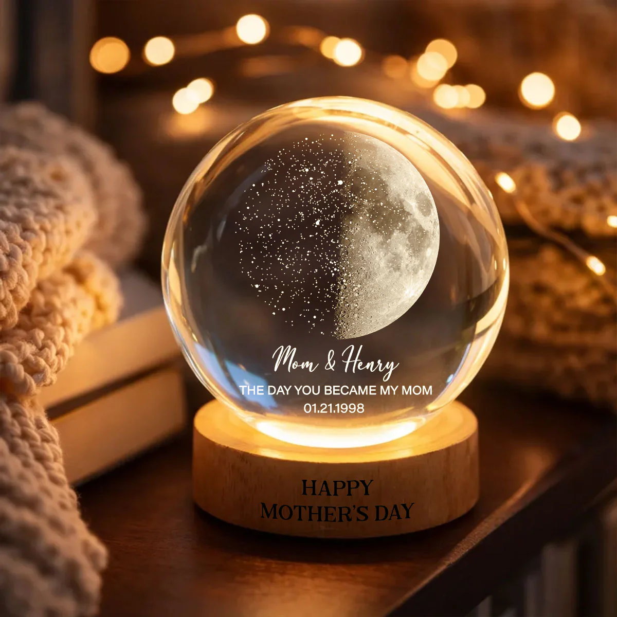 Custom Moon Phase & Star Map by Date Engraved Wooden Base - Personalized Crystal Ball LED Night Light - Heartfelt Gift for Mom - Image 8