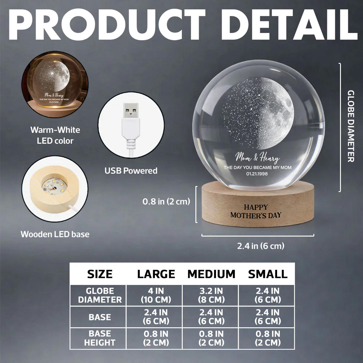Custom Moon Phase & Star Map by Date Engraved Wooden Base - Personalized Crystal Ball LED Night Light - Heartfelt Gift for Mom - Image 9