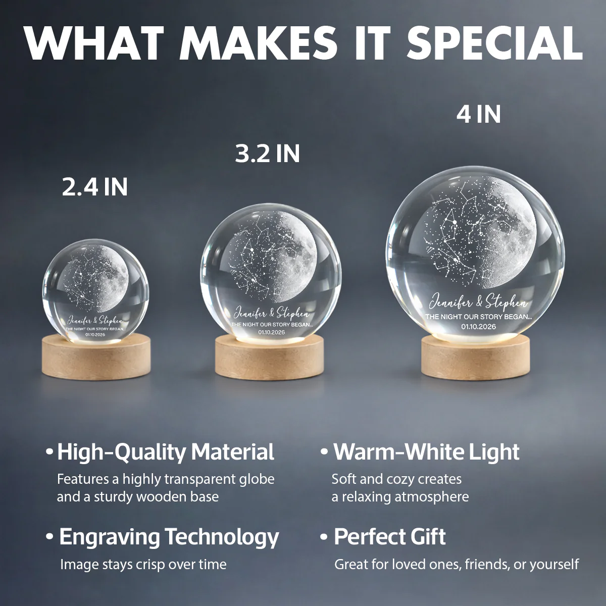 Custom Moon Phase & Star Map by Date - Personalized Crystal Ball Night Light - Heartfelt Anniversary Gift, Valentine's Day Gift for Her, for Him - Image 10