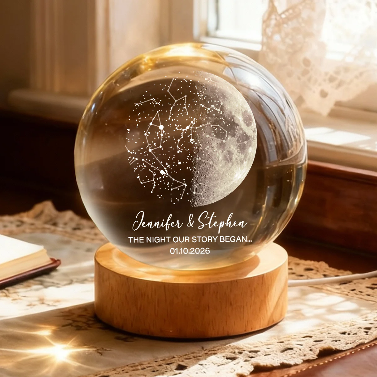 Custom Moon Phase & Star Map by Date - Personalized Crystal Ball Night Light - Heartfelt Anniversary Gift, Valentine's Day Gift for Her, for Him - Image 5