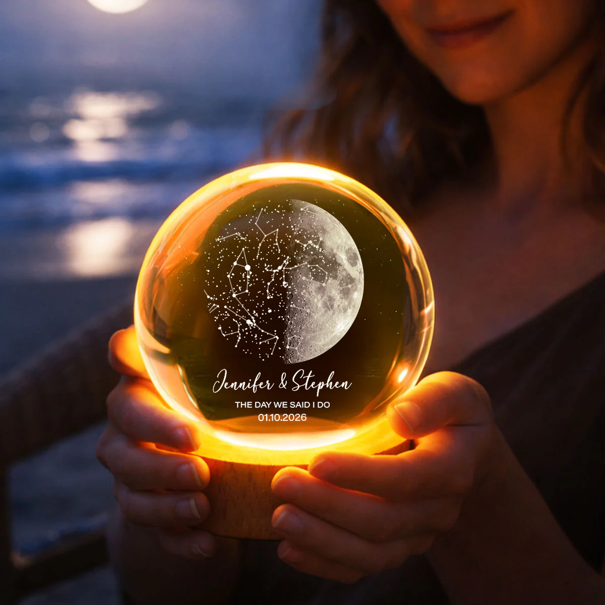 Custom Moon Phase & Star Map by Date - Personalized Crystal Ball Night Light - Heartfelt Anniversary Gift, Valentine's Day Gift for Her, for Him - Image 6