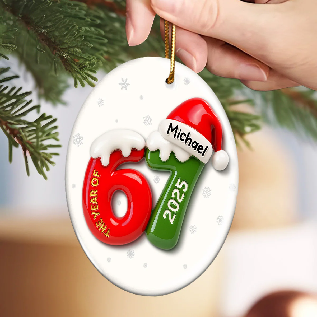 Custom Name 67 Six Seven 3D Effect - Personalized Ceramic Ornament - 2025 Slang, Funny Teen Grandkid, Gen Alpha Christmas Gift - Image 2