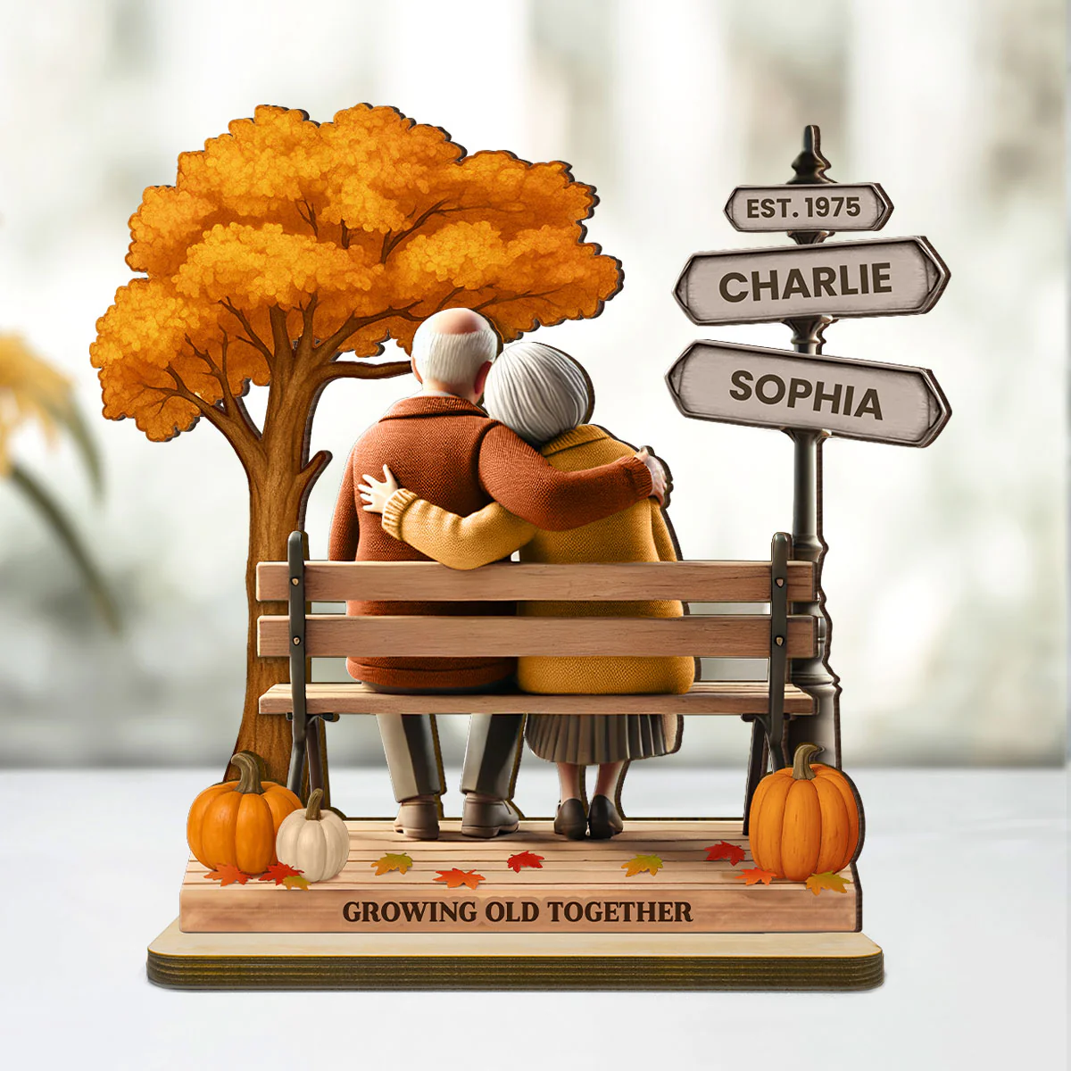 Custom Old Couple Fall Season Park, Romantic Personalized Standing Wooden Plaque - Image 3