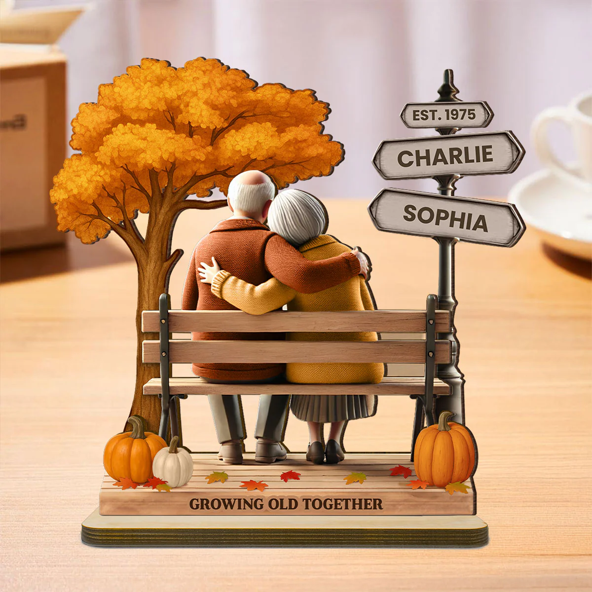 Custom Old Couple Fall Season Park, Romantic Personalized Standing Wooden Plaque - Image 5