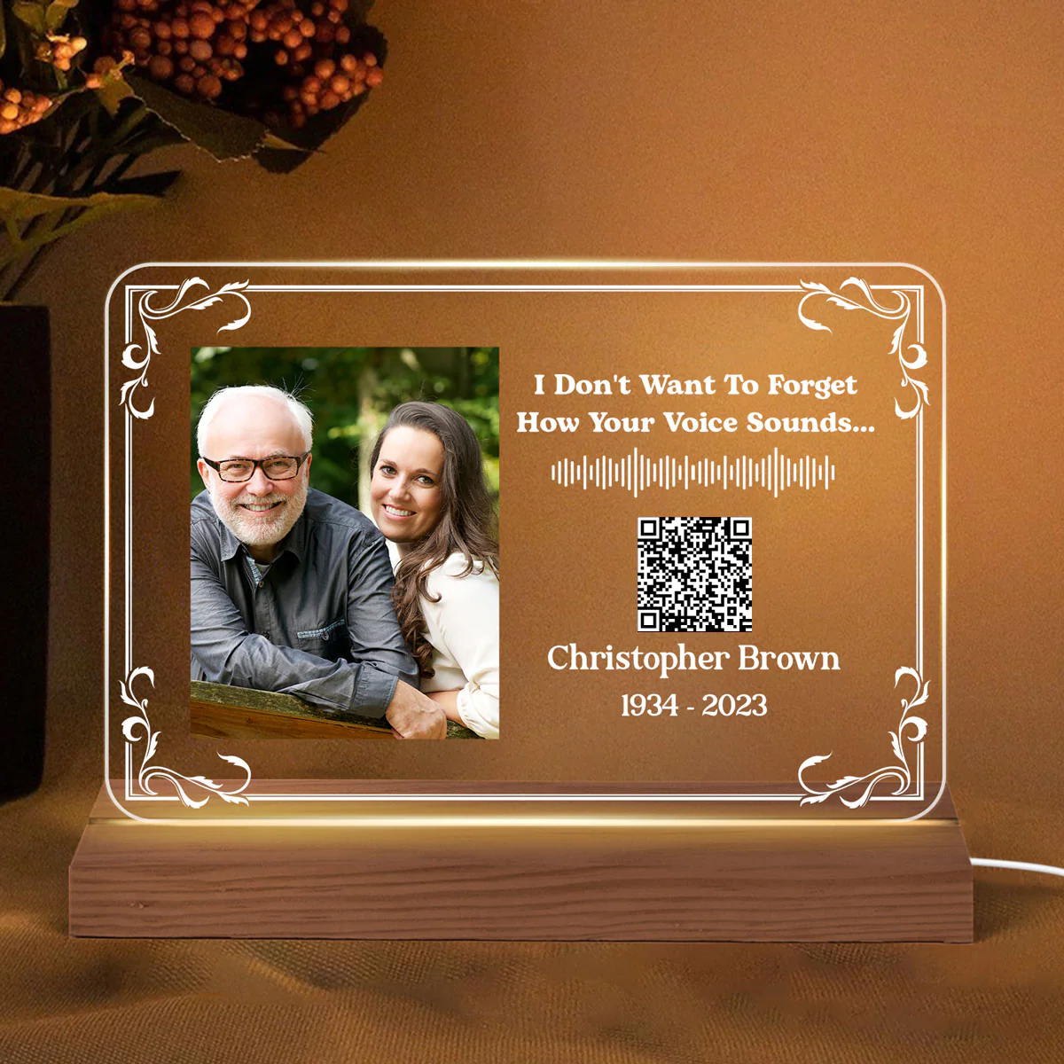 Custom Photo And Message Voice Scannable QR Code Memorial Personalized Horizontal Rectangle Acrylic Plaque With LED Night Light - Image 2