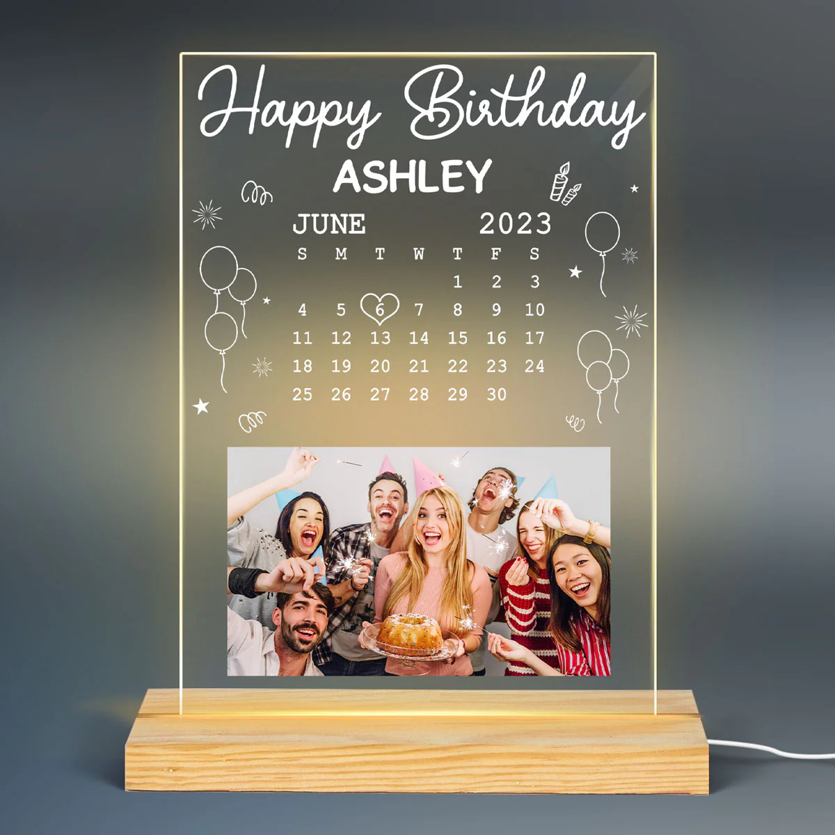 Custom Photo Happy Birthday Calendar Date Personalized Rectangle LED Night Light - Image 2
