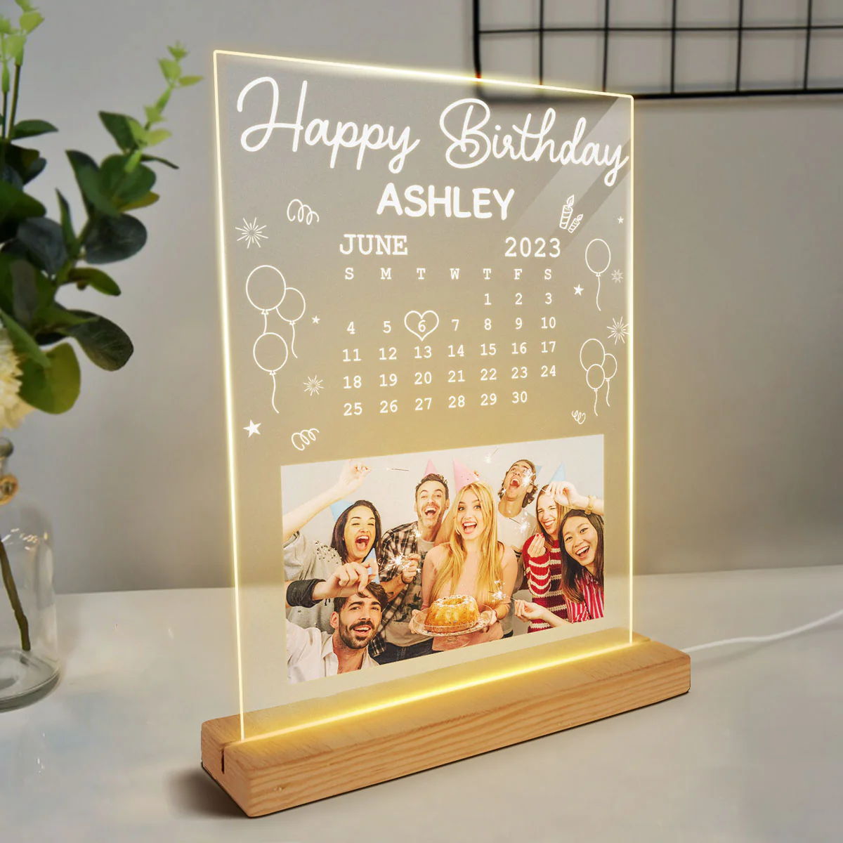 Custom Photo Happy Birthday Calendar Date Personalized Rectangle LED Night Light - Image 3