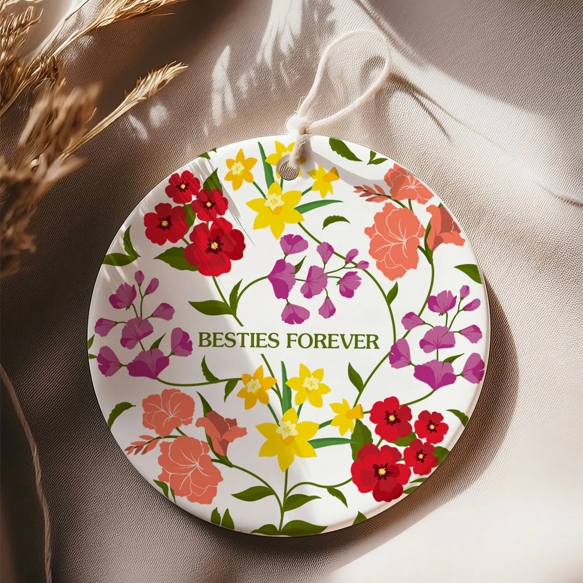 Custom Sisters Besties Birth Flower Bouquet Artwork Minimalist Personalized Circle Ceramic Ornament - Image 2
