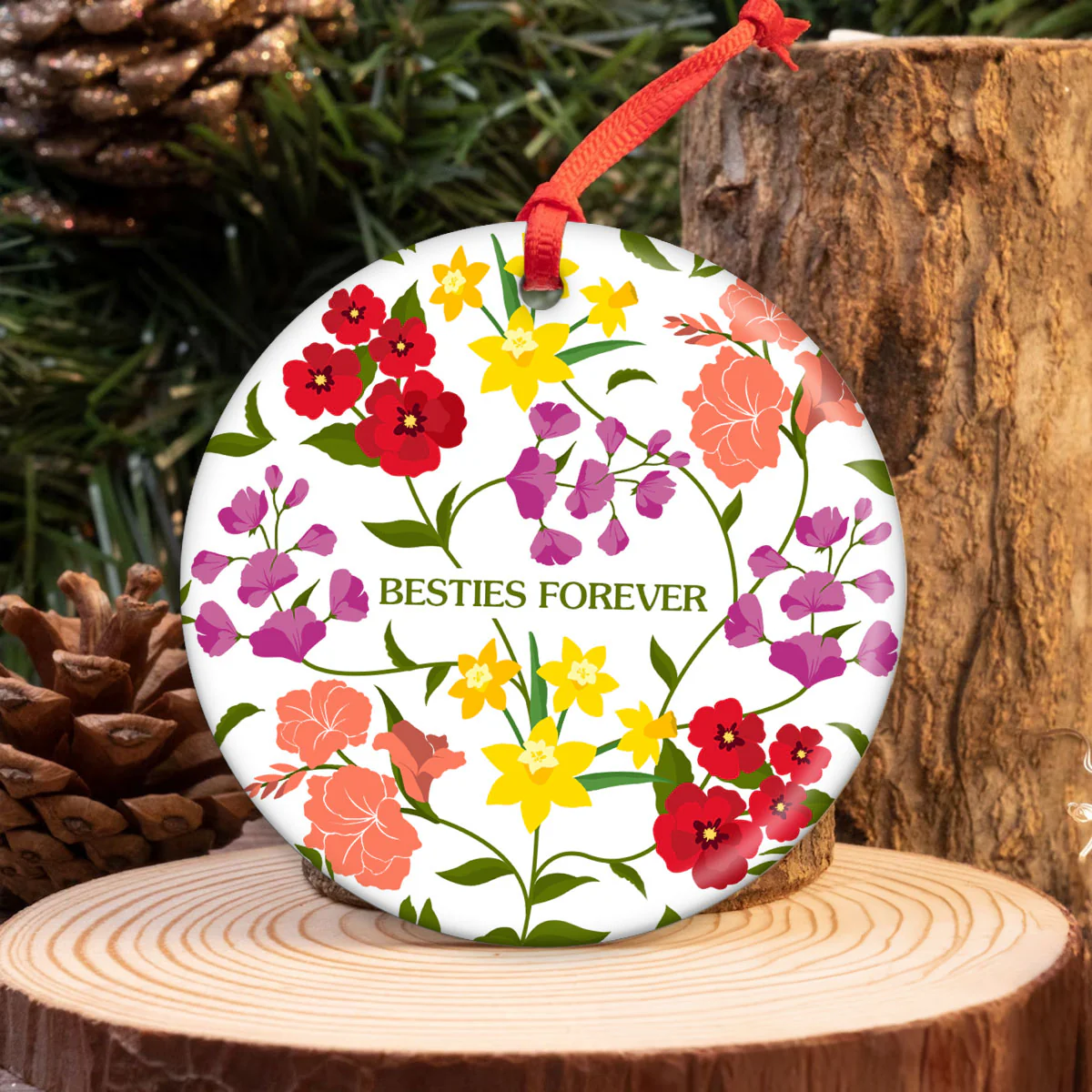Custom Sisters Besties Birth Flower Bouquet Artwork Minimalist Personalized Circle Ceramic Ornament - Image 5