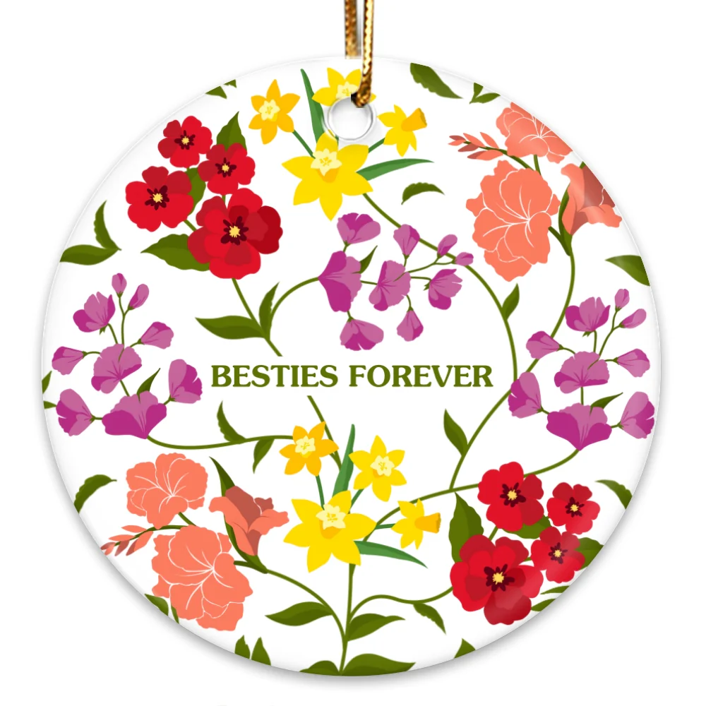 Custom Sisters Besties Birth Flower Bouquet Artwork Minimalist Personalized Circle Ceramic Ornament - Image 8