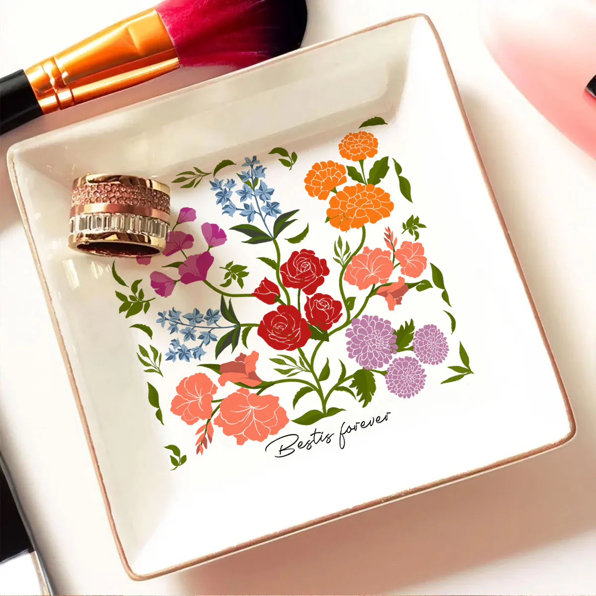 Custom Sisters Besties Birth Flower Bouquet Artwork Minimalist Personalized Jewelry Dish - Image 10