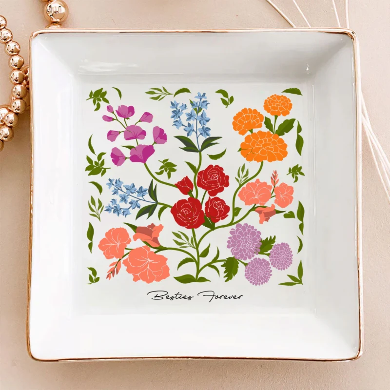 Custom Sisters Besties Birth Flower Bouquet Artwork Minimalist Personalized Jewelry Dish - Image 12