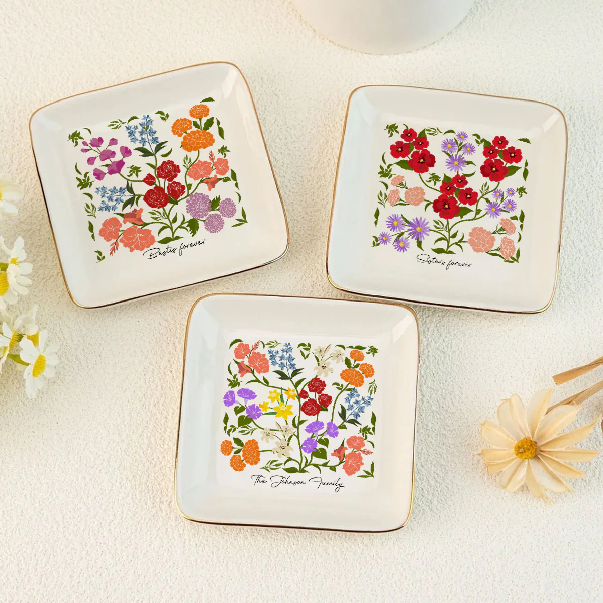 Custom Sisters Besties Birth Flower Bouquet Artwork Minimalist Personalized Jewelry Dish - Image 5