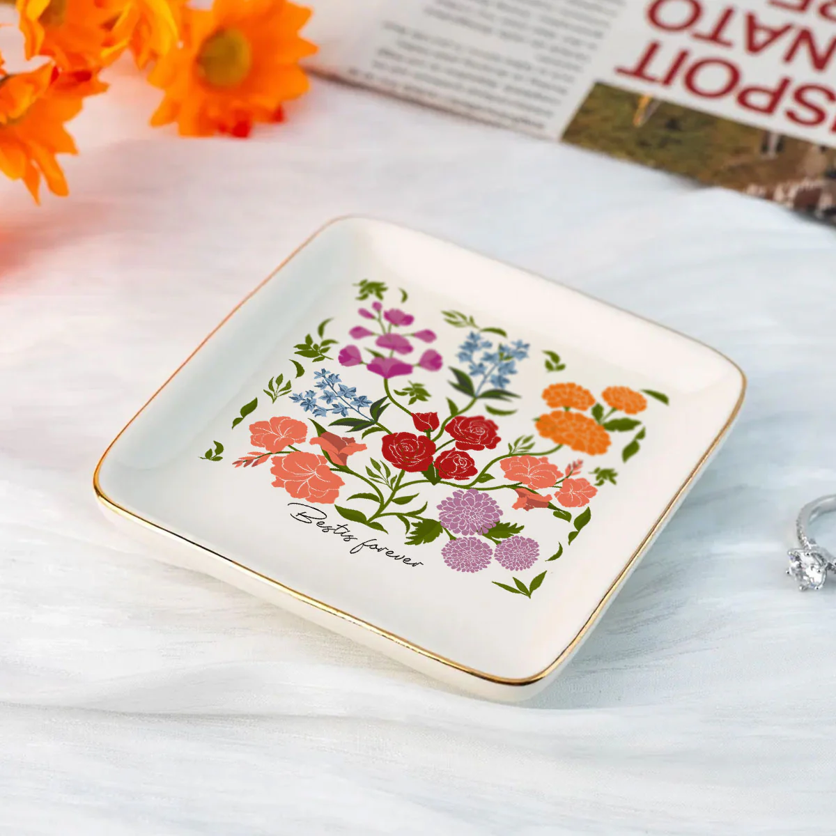 Custom Sisters Besties Birth Flower Bouquet Artwork Minimalist Personalized Jewelry Dish - Image 6