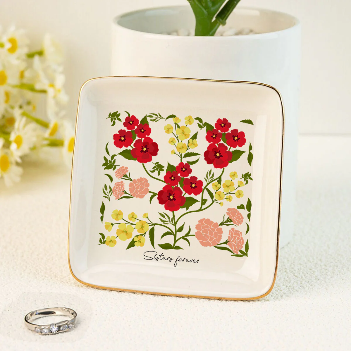 Custom Sisters Besties Birth Flower Bouquet Artwork Minimalist Personalized Jewelry Dish - Image 8