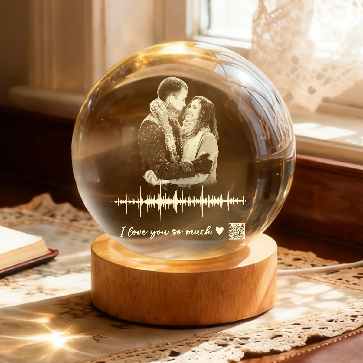 Custom Soundwave Art with QR Code - Personalized Crystal Ball LED Night Light - Heartfelt Anniversary Gift for Her, for Him - Image 4