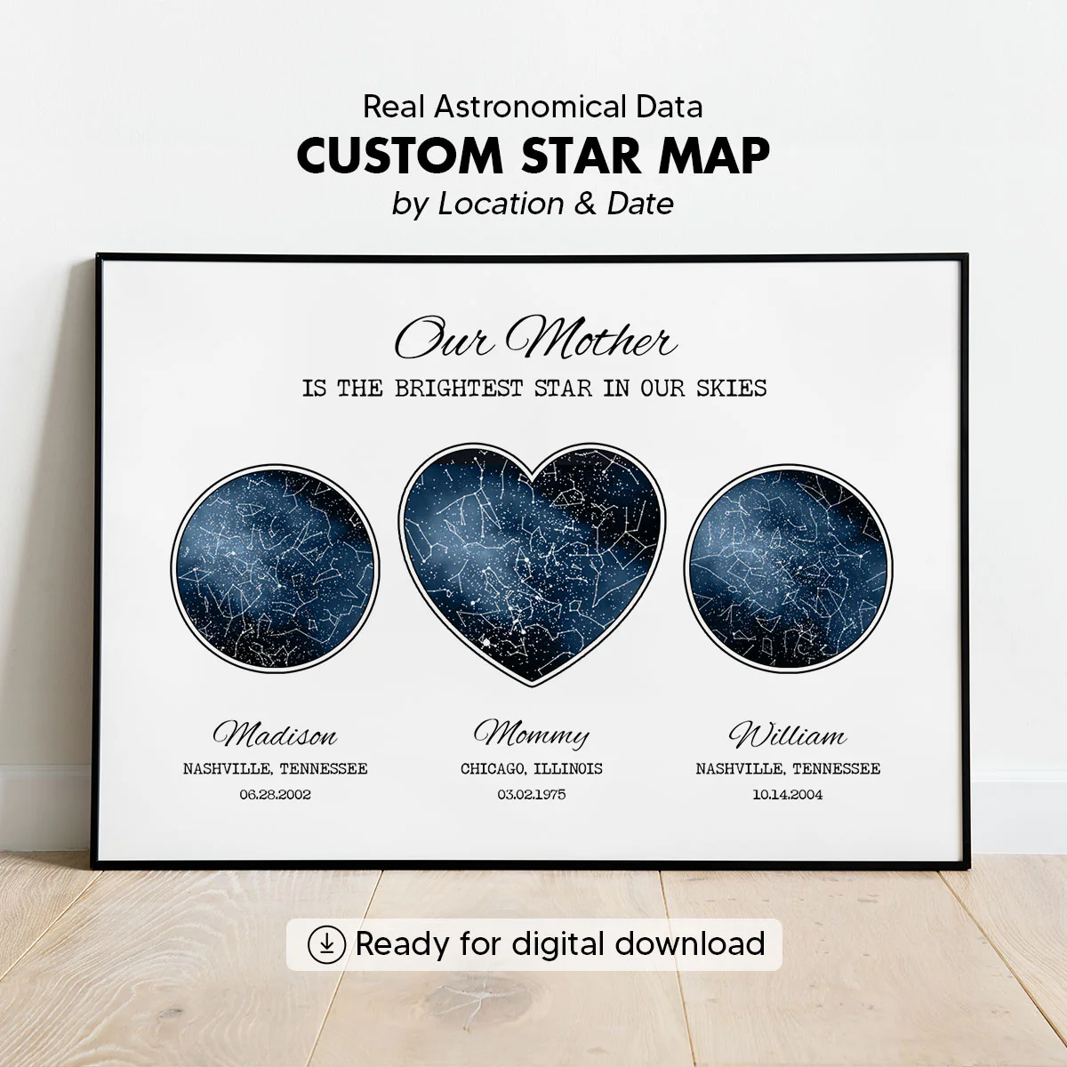 Custom Star Map Poster by Location & Date, Real Astronomical Data, Personalized Heartfelt Gift for Mom from Daughter, Son