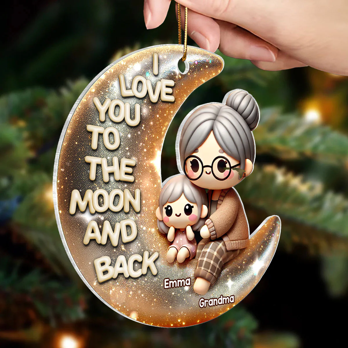 Cute 3D Effect Grandma & Grandkid I Love You To The Moon And Back Personalized Acrylic Ornament, Christmas Gift For Granddaughter, Grandson - Image 3