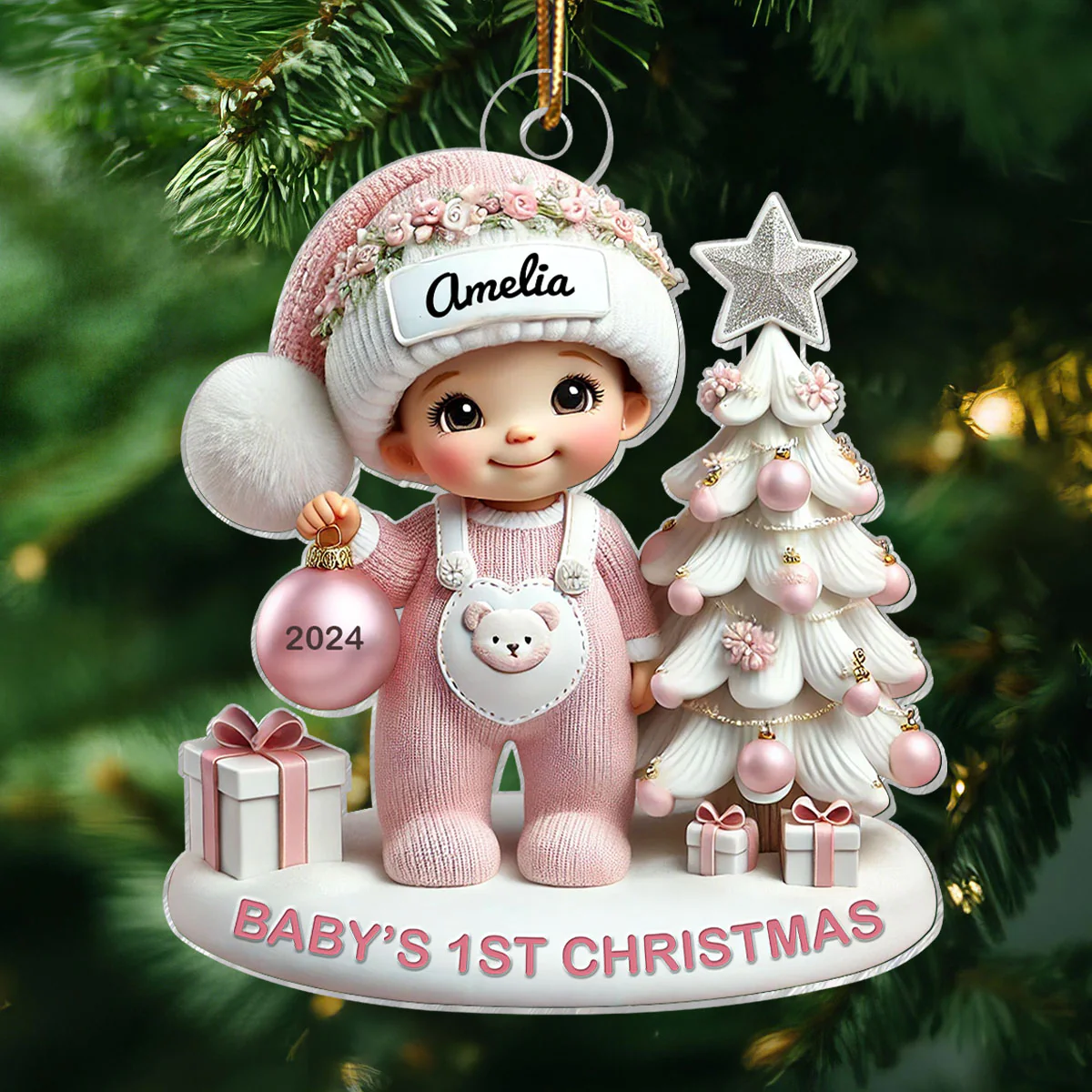 Cute Baby Standing Beside Christmas Tree 3D Effect Baby's First Christmas Personalized Acrylic Flat Ornament - Image 3
