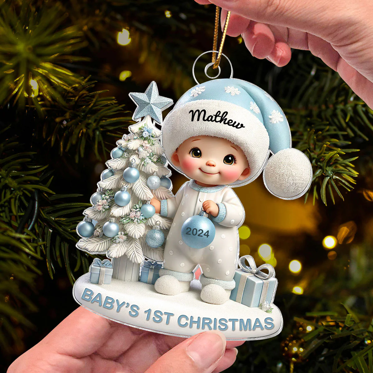 Cute Baby Standing Beside Christmas Tree 3D Effect Baby's First Christmas Personalized Acrylic Flat Ornament - Image 4
