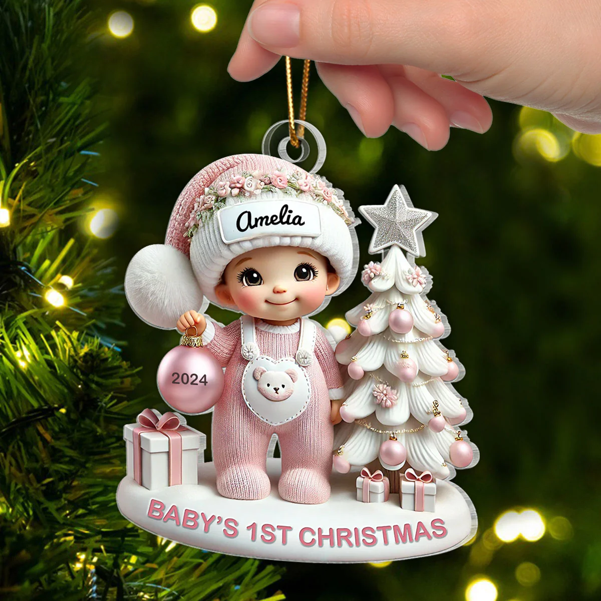 Cute Baby Standing Beside Christmas Tree 3D Effect Baby's First Christmas Personalized Acrylic Flat Ornament - Image 7