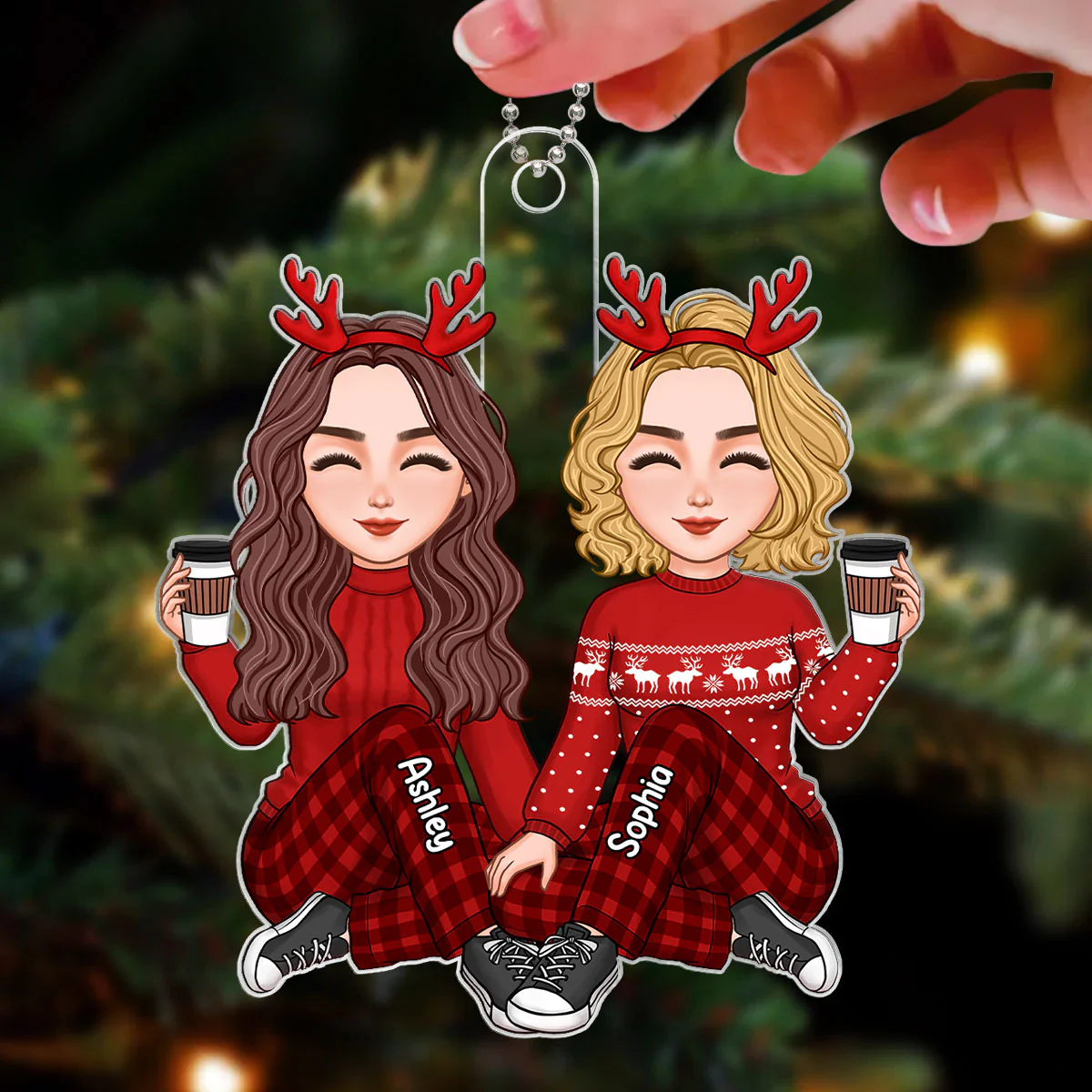Cute Besties Sisters Christmas Gift Personalized Acrylic Ornament - Image 3