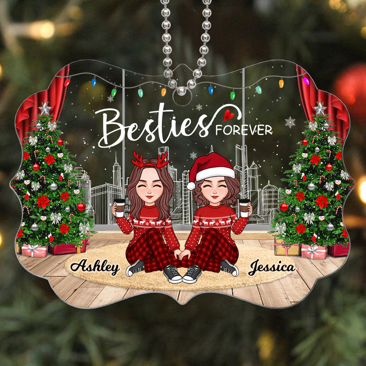 Cute Besties Sisters Christmas Window City Skyline Personalized Acrylic Ornament - Image 3