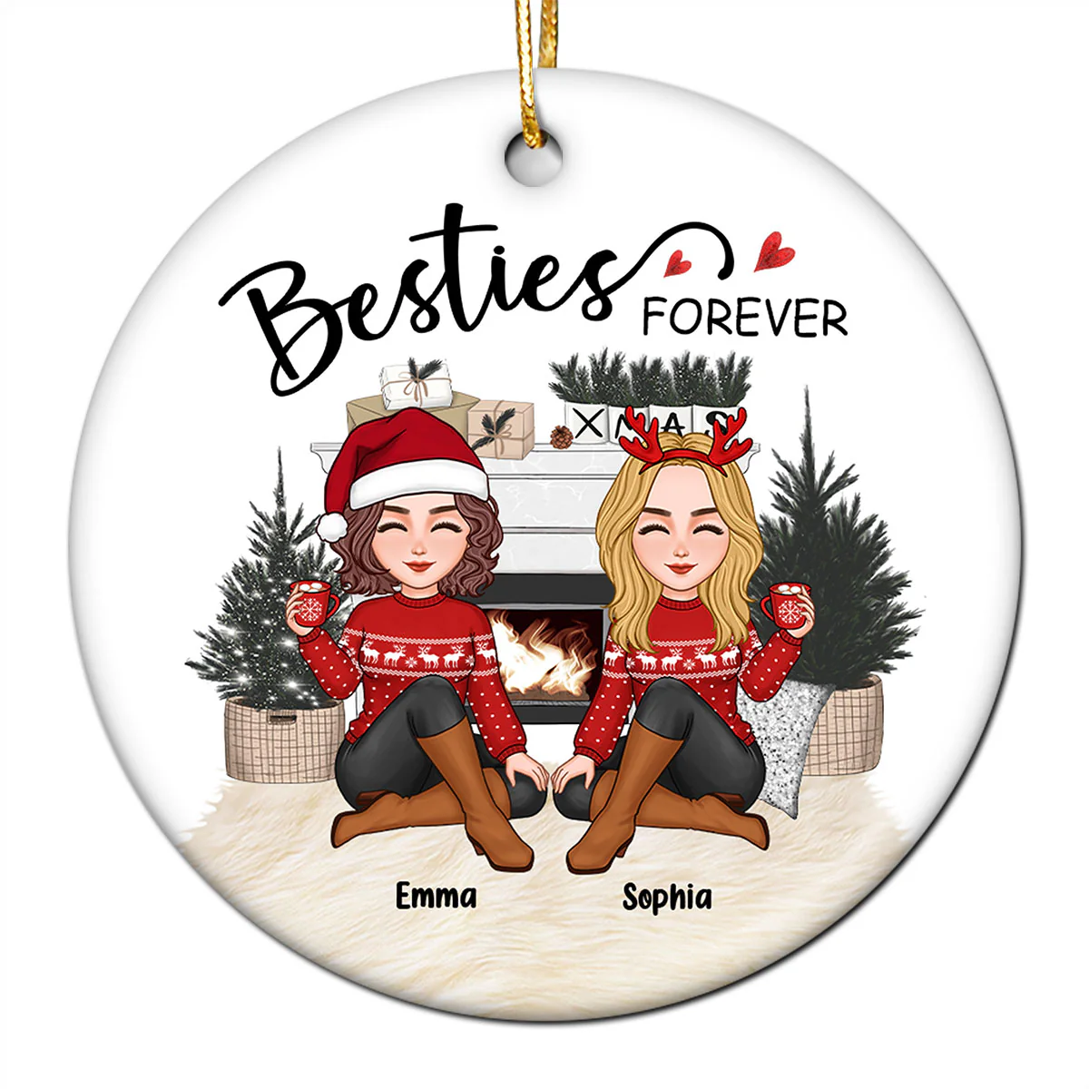 Cute Besties Sitting White Christmas Fireplace Personalized Circle Ornament