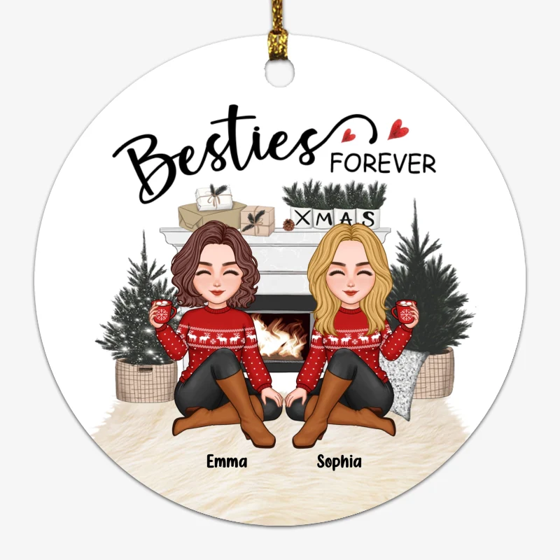 Cute Besties Sitting White Christmas Fireplace Personalized Circle Ornament - Image 6