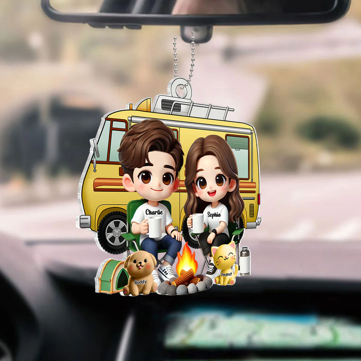 3D Effect Cute Cartoon Camping Couple And Dogs Cats Personalized Acrylic Car Hanger, Rear View Mirror, Valentine's Day, Anniversary, Birthday Gift for him, for her - Image 2