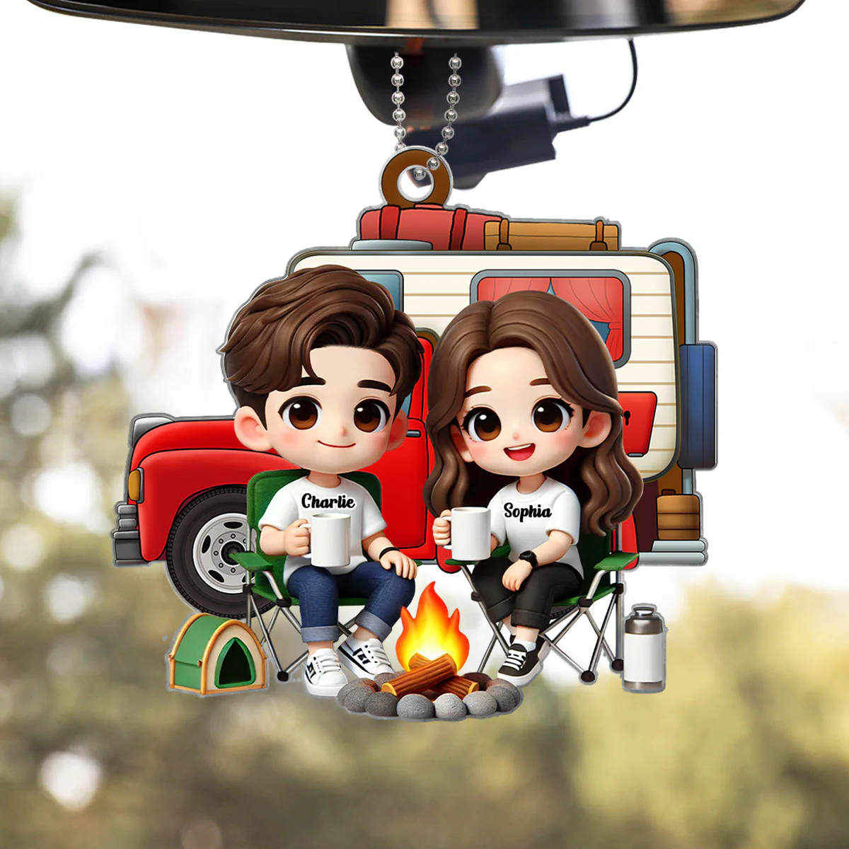 3D Effect Cute Cartoon Camping Couple Personalized Acrylic Car Hanger, Rear View Mirror, Valentine's Day, Anniversary, Birthday Gift for him, for her