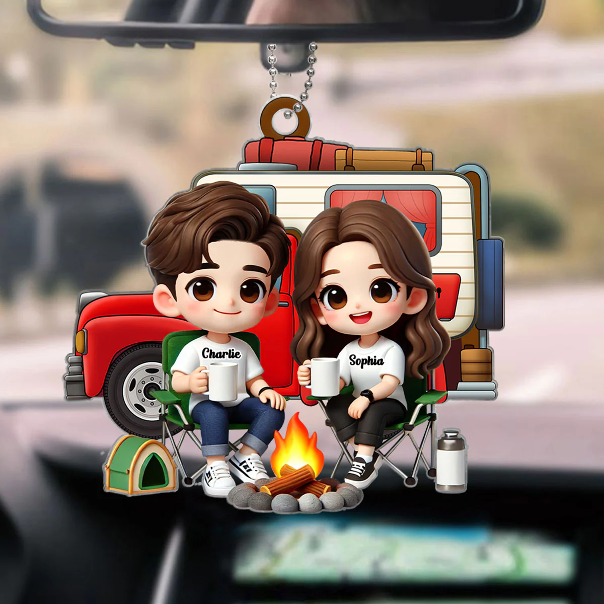 3D Effect Cute Cartoon Camping Couple Personalized Acrylic Car Hanger, Rear View Mirror, Valentine's Day, Anniversary, Birthday Gift for him, for her - Image 5
