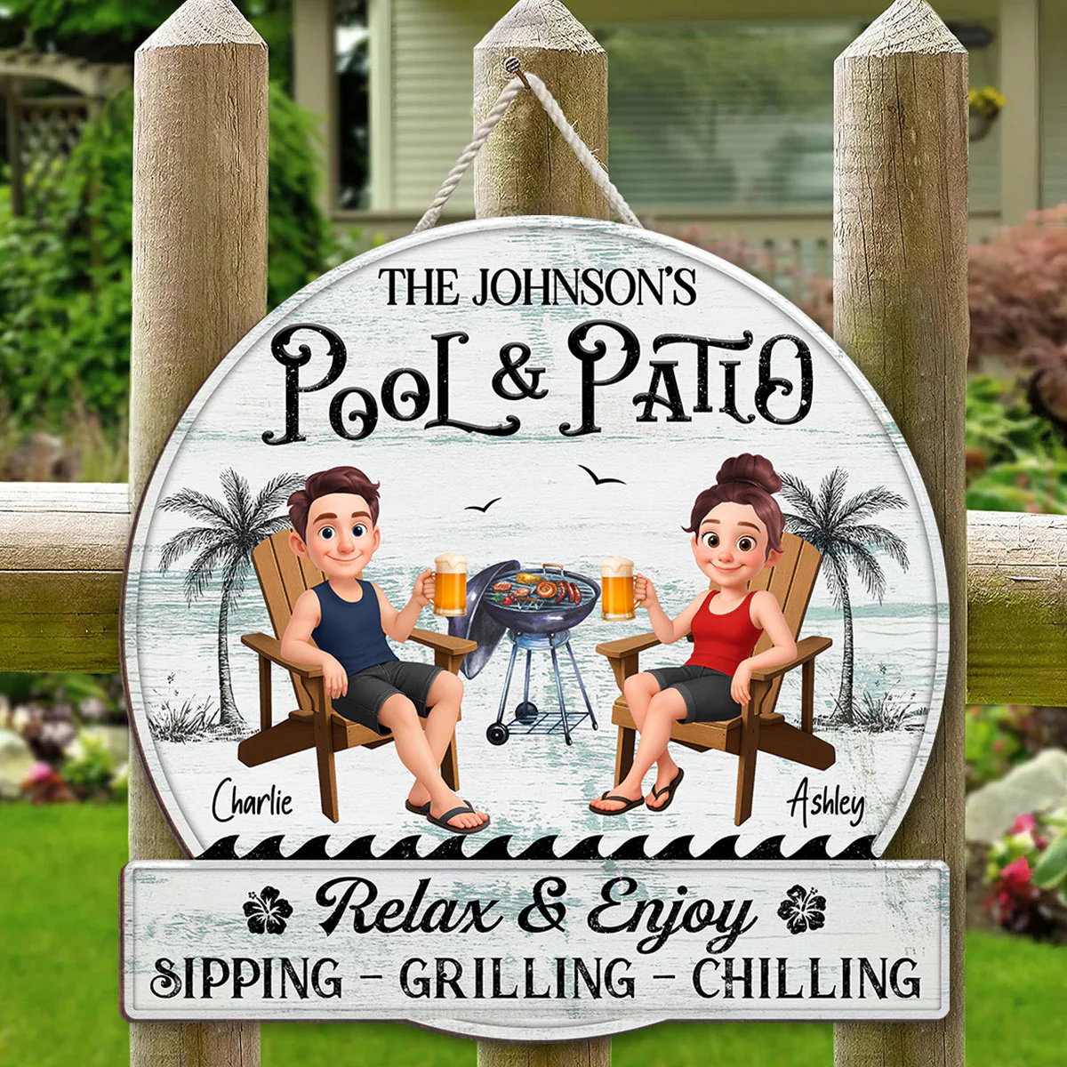 Cute Cartoon Couple Family Pool & Patio Retro Vintage Personalized Wood Sign - Image 2