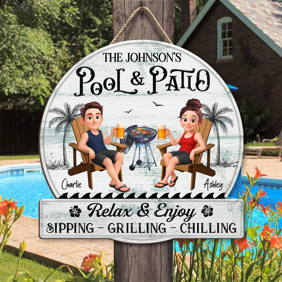 Cute Cartoon Couple Family Pool & Patio Retro Vintage Personalized Wood Sign - Image 3
