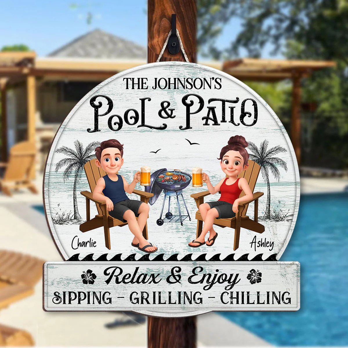 Cute Cartoon Couple Family Pool & Patio Retro Vintage Personalized Wood Sign - Image 4