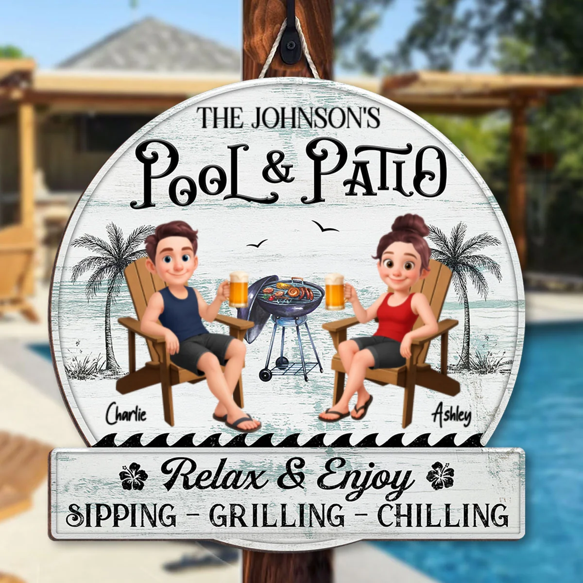 Cute Cartoon Couple Family Pool & Patio Retro Vintage Personalized Wood Sign - Image 9