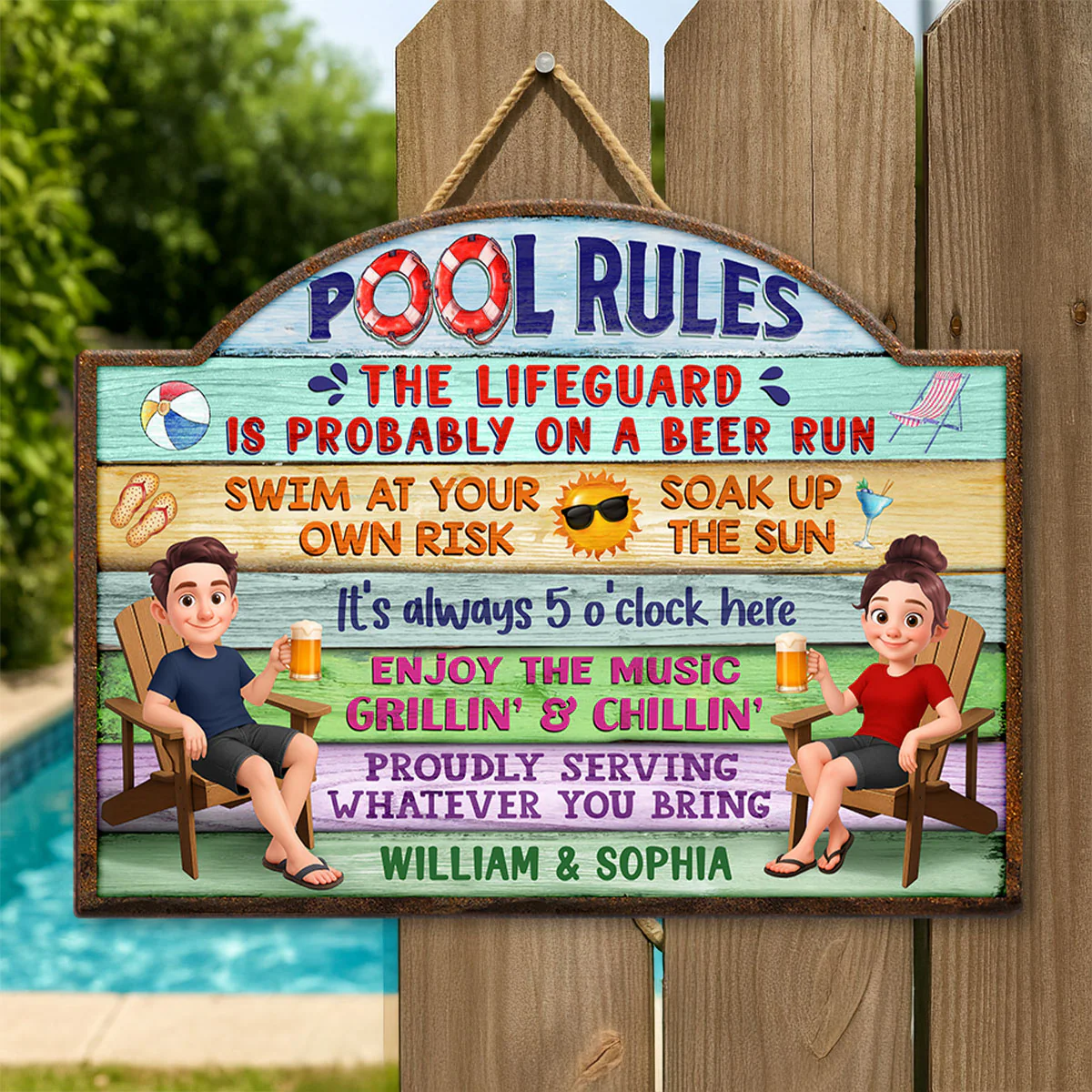 Cute Cartoon Couple Family Pool Rule Personalized Wood Sign - Image 2