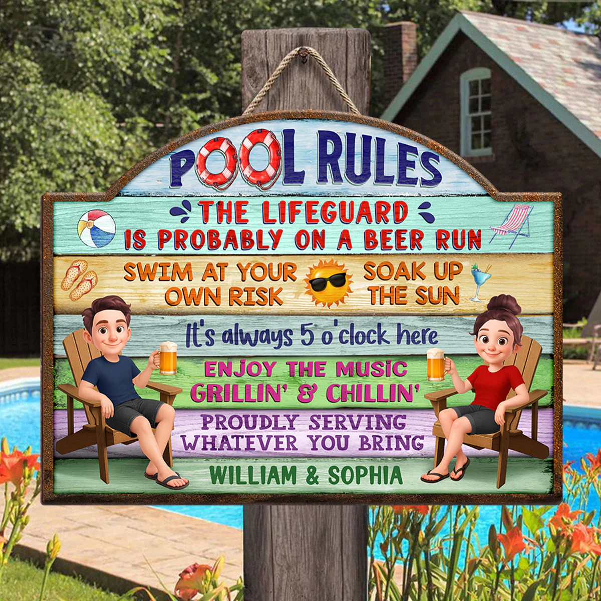 Cute Cartoon Couple Family Pool Rule Personalized Wood Sign - Image 3