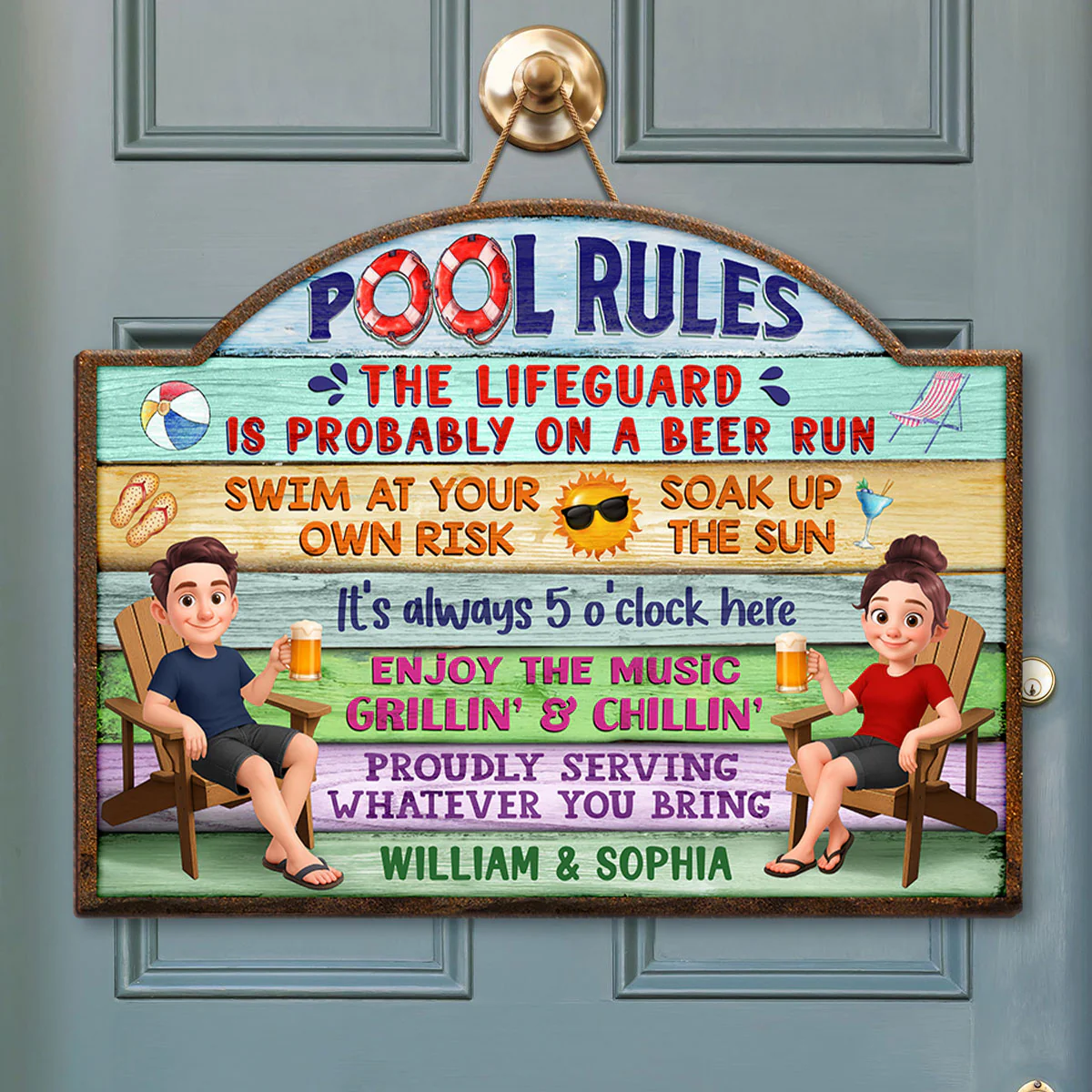 Cute Cartoon Couple Family Pool Rule Personalized Wood Sign - Image 4
