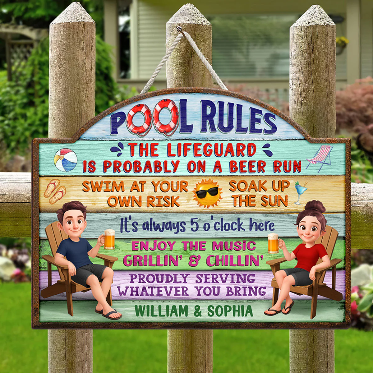 Cute Cartoon Couple Family Pool Rule Personalized Wood Sign - Image 6