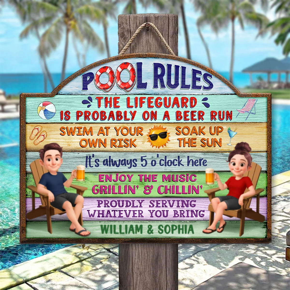 Cute Cartoon Couple Family Pool Rule Personalized Wood Sign - Image 9