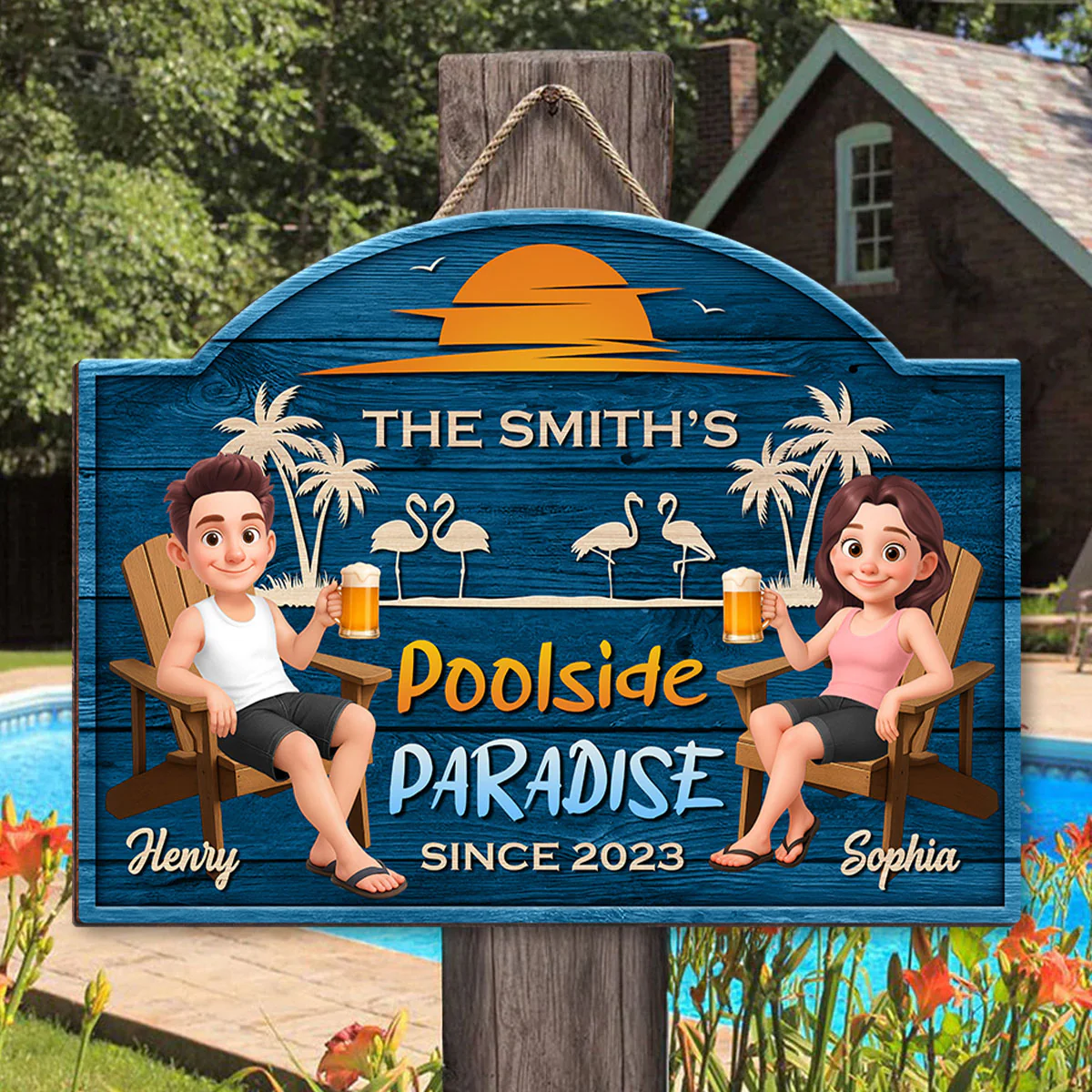Cute Cartoon Couple Family Poolside Paradise Personalized Wood Sign - Image 2