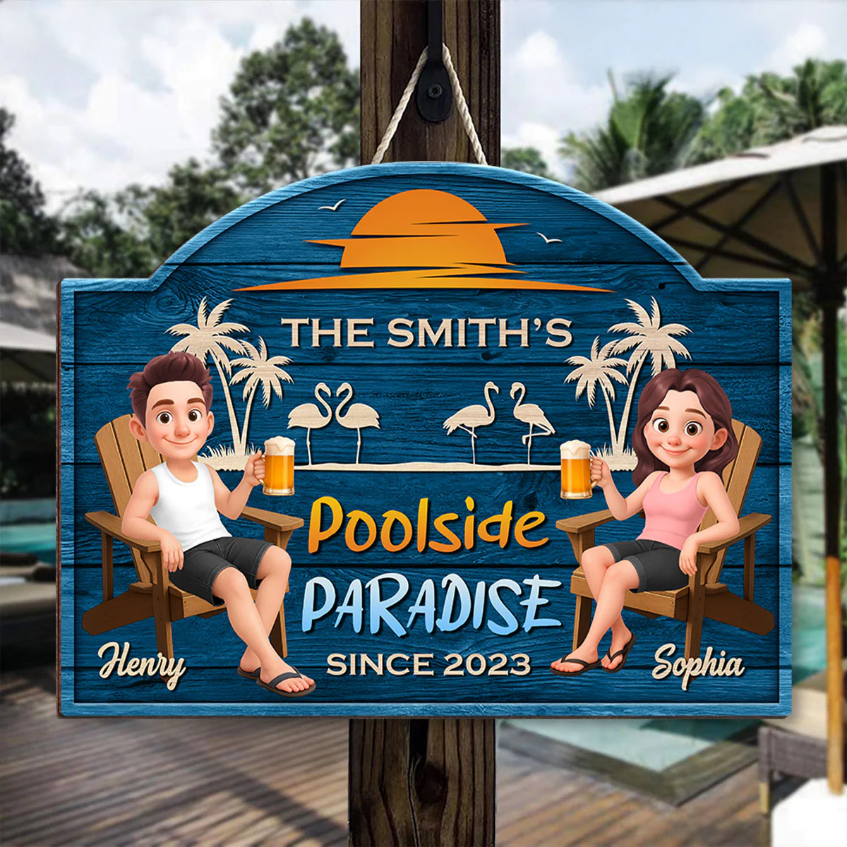 Cute Cartoon Couple Family Poolside Paradise Personalized Wood Sign - Image 3